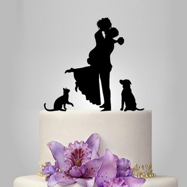 wedding photo - unique wedding cake topper with couple kissing cat and dog, cake decor