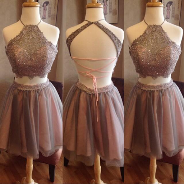 wedding photo - Two Piece Halter Short Grey Backless Homecoming Dress Beading Appliques