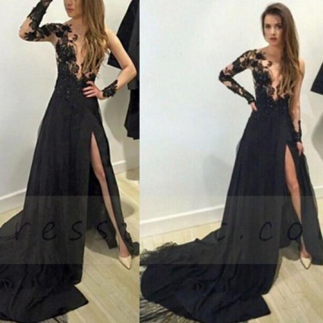 wedding photo - Buy Black A-Line Split-Front Beading Lace Long Prom Dress with Long Sleeves Special Occasion Dresses under $108.99 only in Dressthat.