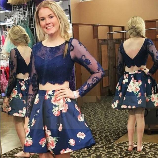 wedding photo - Buy Two-piece Scoop Short Royal Blue Satin Long Sleeves Homecoming Dress with Lace Special Occasion Dresses under $119.99 only in Dressthat.