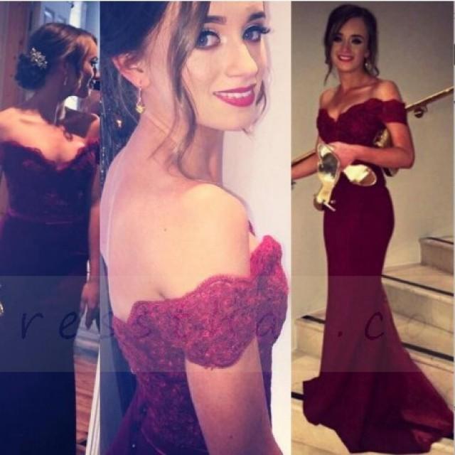 wedding photo - Buy Mermaid Off the Shoulder Red Stretch Satin Sweep Train Prom Dress with Appliques Special Occasion Dresses under $109.99 only in Dressthat.