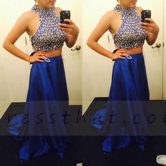 wedding photo - Buy Two-Piece High Neck Royal Blue Satin Sweep Train Beaded Prom Dress Special Occasion Dresses under $189.99 only in Dressthat.