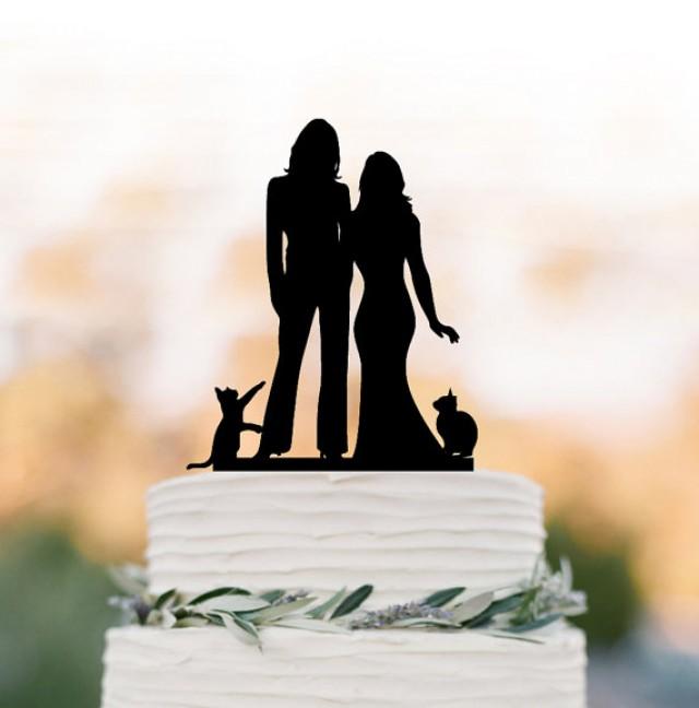 wedding photo - Lesbian wedding cake topper with cat. same sex mrs and mrs cake topper, silhouette cake topper, Rustic wedding cake decoration