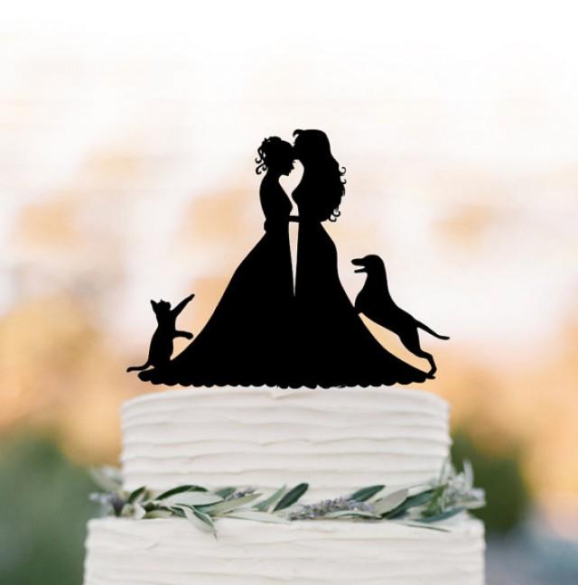 wedding photo - Lesbian wedding cake topper with cat. same sex wedding Cake Topper with dog, silhouette cake topper, mrs and mrs wedding cake decoration