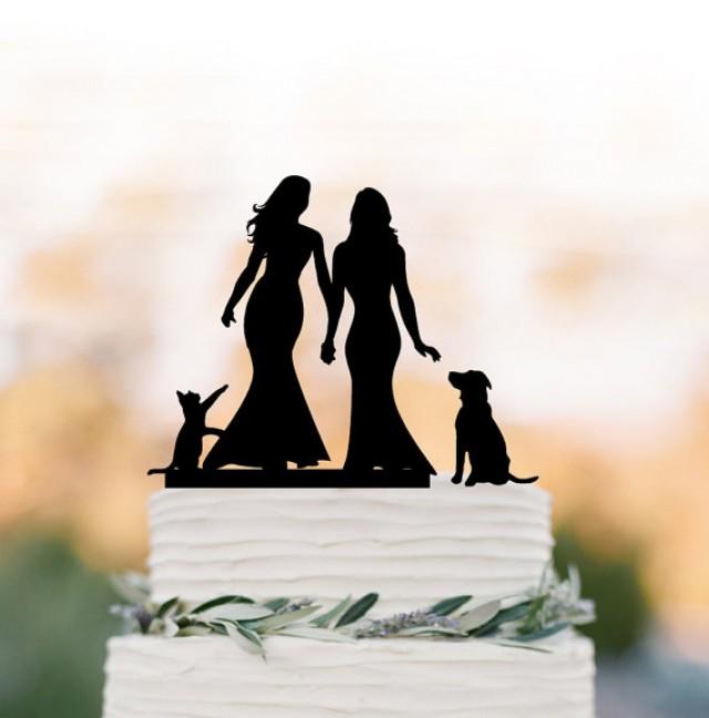 wedding photo - Lesbian Wedding Cake topper with dog. same sex wedding cake topper with cat, couple silhouette, funny wedding cake topper, mrs and mrs