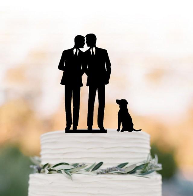 wedding photo - Gay Wedding Cake topper with dog. Gay silhouette wedding cake topper same sex mr and mr, funny wedding cake topper, unique cake topper