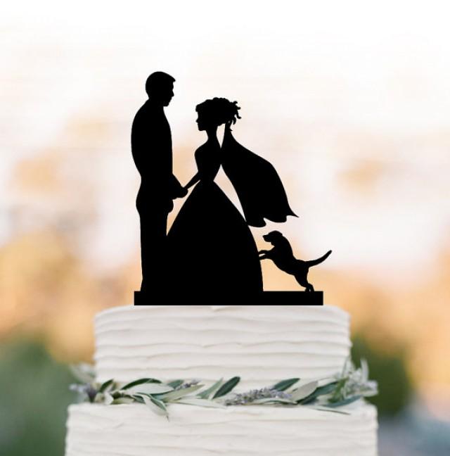 wedding photo - Wedding Cake topper with dog, Bride and groom silhouette cake topper. wedding cake decoration. unique cake topper