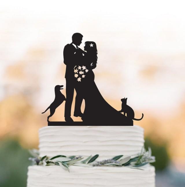 wedding photo - Unique Wedding Cake topper with dog and cat, bride and groom wedding cake topper, funny wedding cake topper with dog and cat, personalized