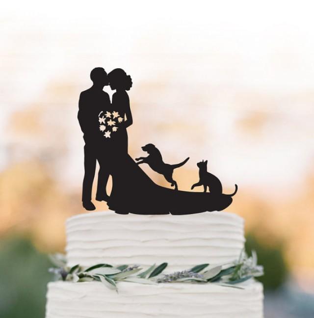 wedding photo - Wedding Cake topper with dog, bride and groom silhouette wedding cake topper with cat, funny wedding cake topper with dog and cat