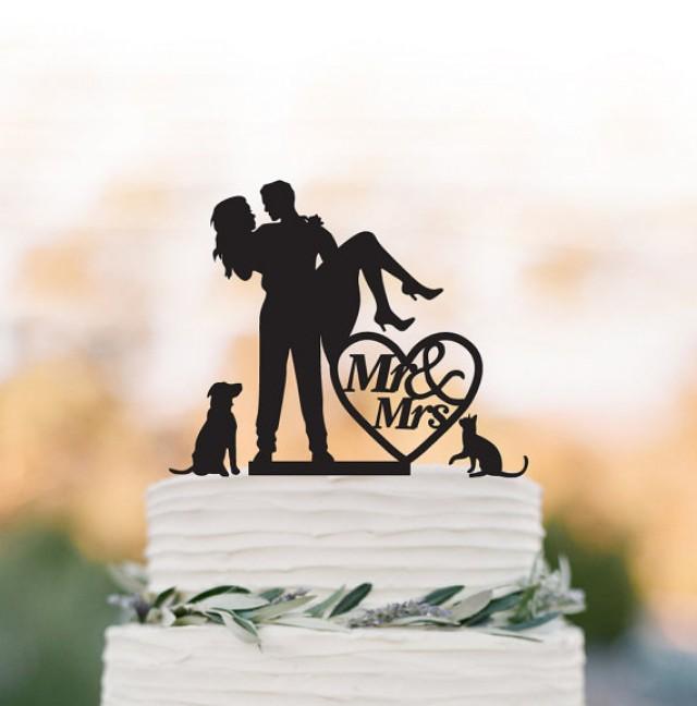 wedding photo - Wedding Cake topper with dog, Groom Holding Bride cake topper with mr and mrs cake topper with cat, rustic wedding cake topper