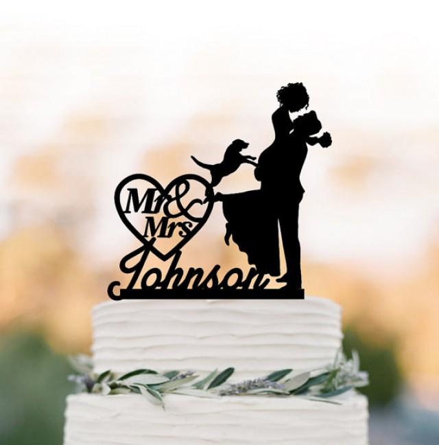 wedding photo - Personalized Wedding Cake topper with dog, groom lifting bride with mr and mrs in heart funny cake topper, acrylic cake topper