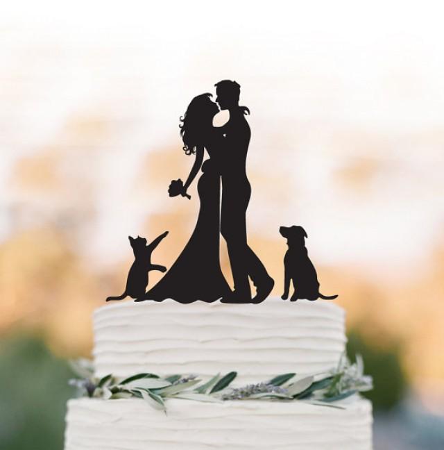 wedding photo - Wedding Cake topper With dog and cat Bride and groom silhouette funny wedding cake topper