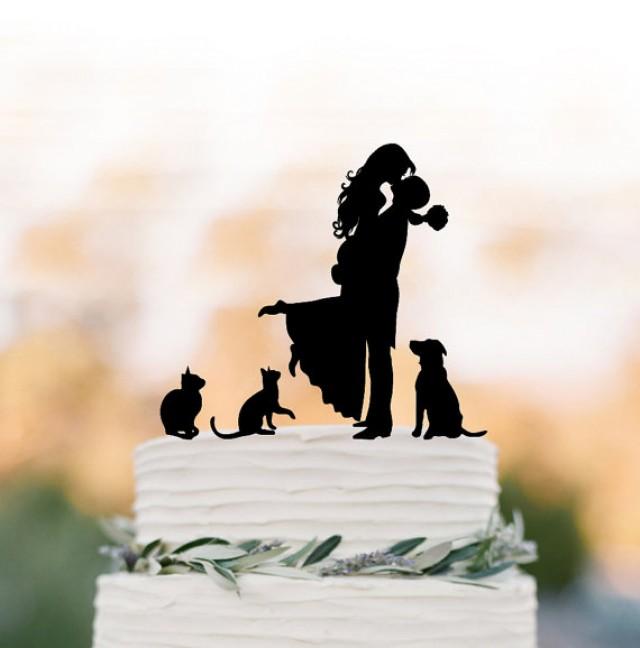 wedding photo - Family Wedding Cake topper with dog, Cake Toppers with two cats, couple silhouette, cake toppers bride and groom kissin silhouette