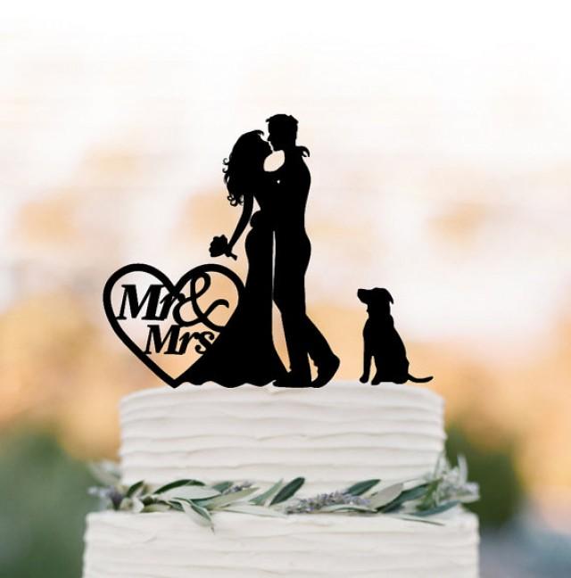 wedding photo - Funny Wedding Cake topper mr and mrs, Cake Toppers with dog, couple silhouette, cake toppers bride and groom with heart decor
