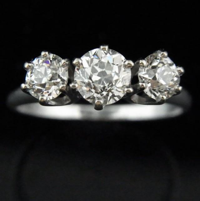 wedding photo - Antique 1.4ct Old Euro Cut 3 Diamond 14k White Gold Engagement Ring Certified