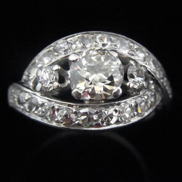 wedding photo - Hollywood Glamour Era Old Euro Cut Diamond 14k White Gold Ring Engagement c1930s