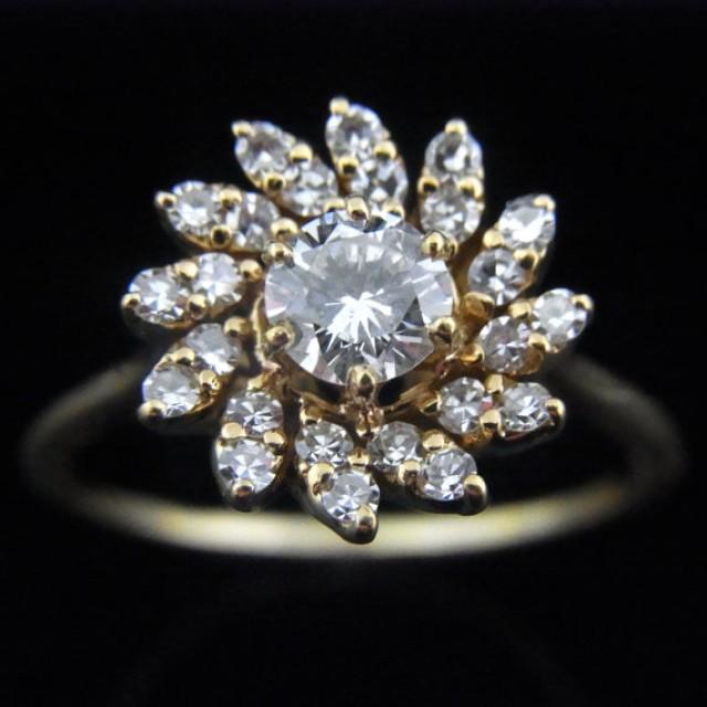 wedding photo - Jabel Vintage Diamond 18k Yellow Gold Flower Halo Engagement Ring Floral Estate
