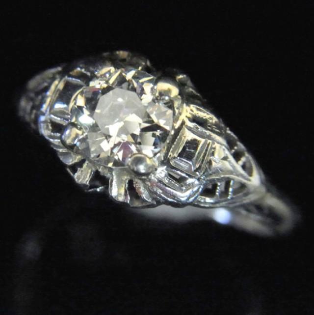 wedding photo - Art Deco Old European Cut Diamond 18k Gold Ring Engagement Vintage Certified