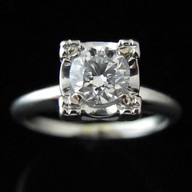 wedding photo - GIA Certified Mid Century .62ct D/SI1 Diamond 14k White Gold Engagement Promise Ring