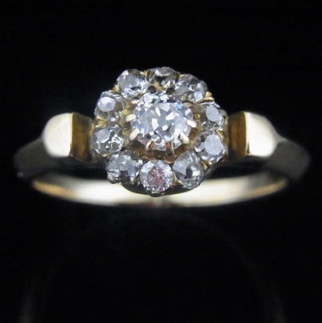 wedding photo - Old Mine Cut Diamonds 18k Yellow Gold Ring Halo Flower Engagement Antique c1800s