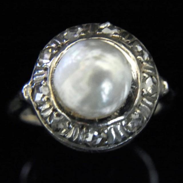 wedding photo - Natural Certified Pearl Rose Cut Diamonds 14k White Gold Ring Estate Vintage