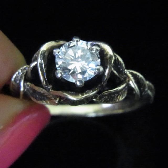 wedding photo - AMAZING Diamond 14k Yellow Blackened Gold Engagement Rose Ring Vintage Mid Century