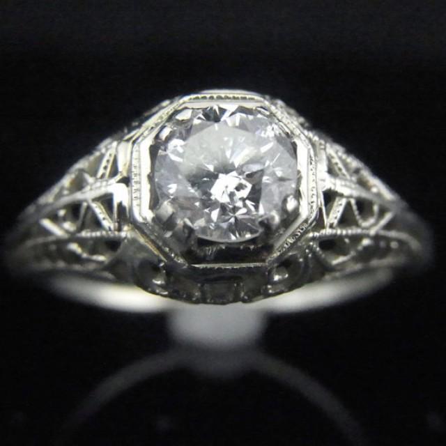 wedding photo - Vintage 0.60ct Diamond 14k White Gold Art Deco Engagement Ring Estate Vintage