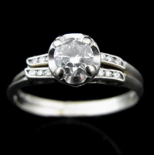 wedding photo - Vintage Diamonds 14k White Gold Engagement Ring Wedding Band Set Mid Century