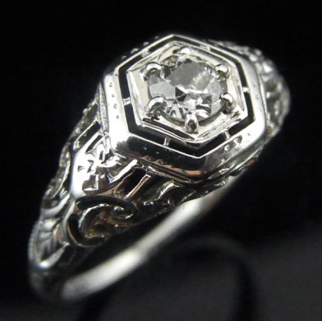 wedding photo - Art Deco Old European Cut Diamond 18k White Gold Engagement Ring Antique c.1920s