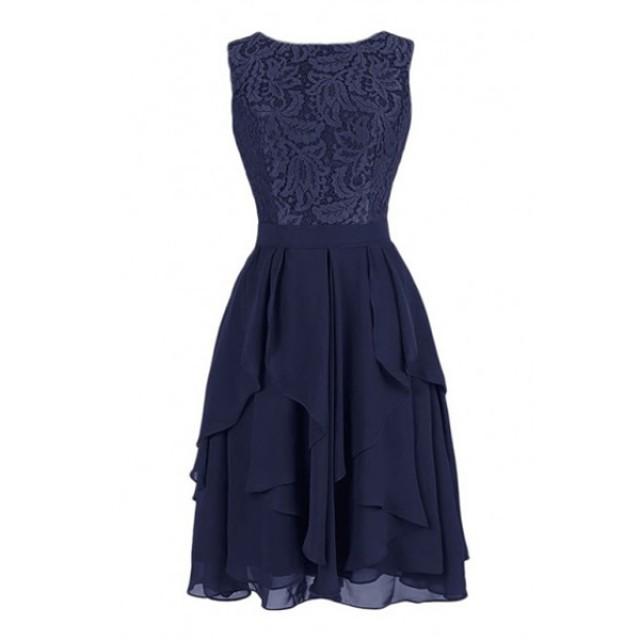 wedding photo - Exquisite A-line Knee Length Chiffon Navy Short Bridesmaid Dress with Lace