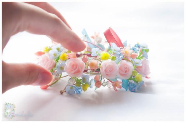 wedding photo - Rose bracelet, pink bracelet, floral, rose flower bracelet, light pink roses, blue forget me not, yellow flower, polymer clay, handmade