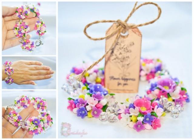 wedding photo - Pink bracelet, purple bracelet, pink white purple, polymer clay bracelet, flower bracelet, flowers, clay flowers, lilac bracelet,