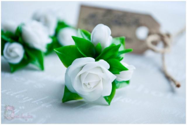 wedding photo - White rose jewelry, white rose earrings, white rose ring, white rose and green leaves, floral jewelry, flower jewelry polymer clay roses