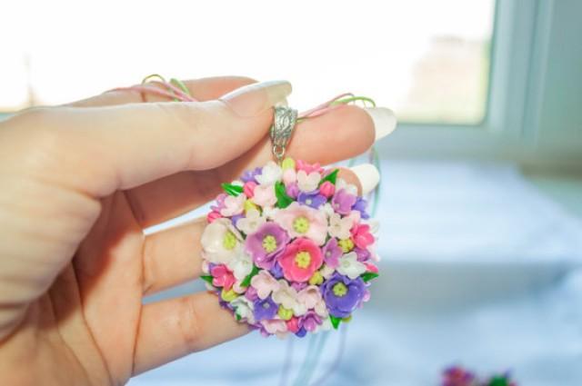 wedding photo - Flower pendant, floral pendant, pink flower pendant, purple pendant, pink white purple, polymer clay pendant, clay flowers, lilac pendant