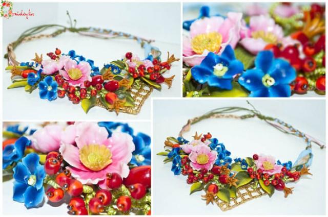 wedding photo - Pink flowers, blue flower, necklace with dogrose, red pink blue necklace, flower necklace, statement necklace, floral, handmade jewelry