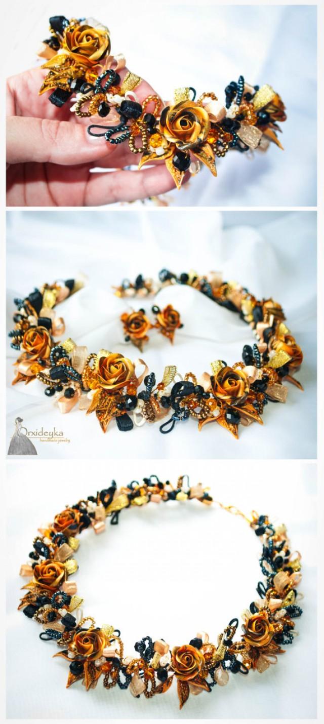 wedding photo - Orange black rose necklace, orange black rose bracelet, orange black rose earrings, polymer clay rose, clay bracelet, statement necklace