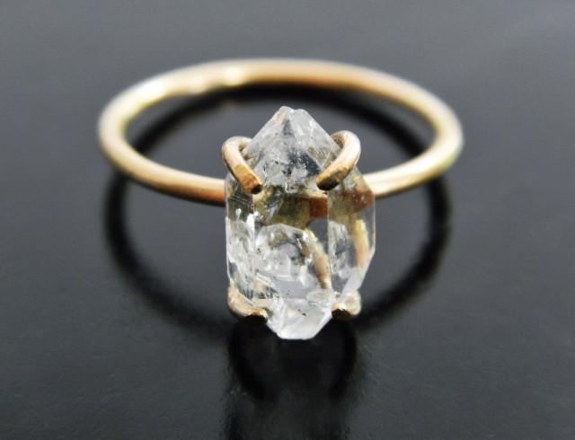 wedding photo - Herkimer Diamond Engagement Ring - Quartz Crystal Ring - Gold Fill Ring - Filled Gold - Raw Quartz Ring - Raw Crystal Ring - Rough Stone