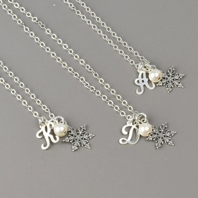 wedding photo - Silver Snowflake Bridesmaid Necklace SET OF 3 - 5% OFF Pearl Initial Necklace - Your Choice Swarovski Pearl Color -