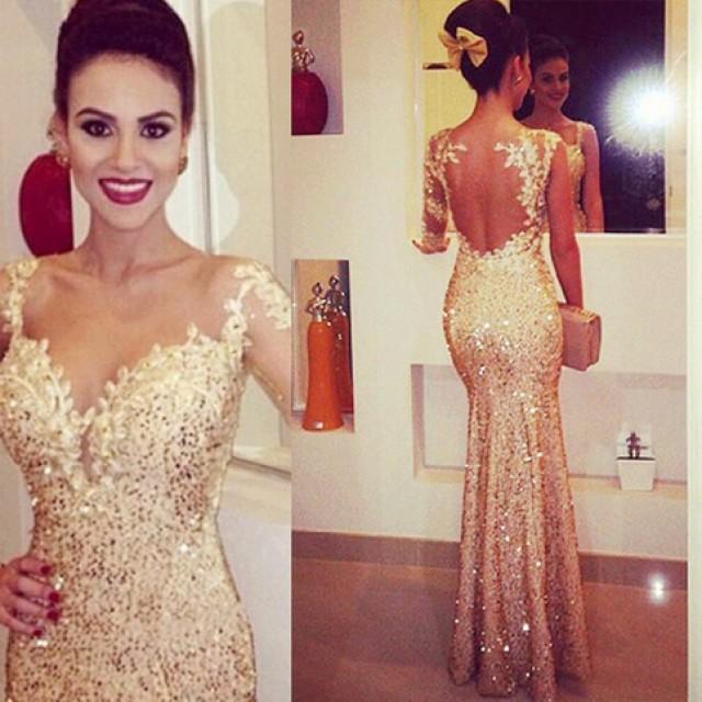 wedding photo - Mermaid Sweetheart Long Sleeves Gold Backless Evening/Prom Dress With Appliques from Tidetell
