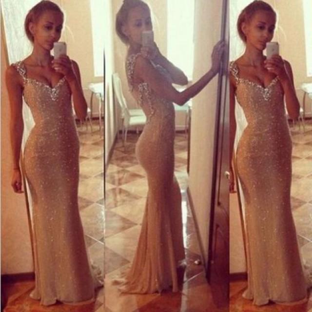 wedding photo - Charming V-neck Golden Long Sheath Straps Prom Dress with Beaded from Tidetell