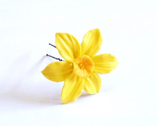 wedding photo - Large Daffodils Hair Pin, Flowers Hair Accessory, Yellow - White Daffodils Hair Pin, Hair Pin Flowers