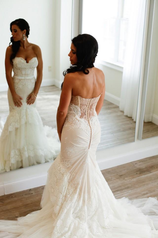 wedding photo - Stunning Sweetheart Mermaid Tiered Lace Wedding Dress Ruched with Sweep Train