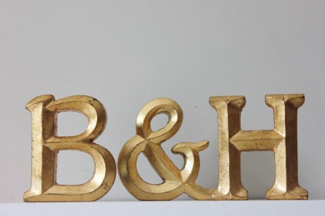 wedding photo - 2 GOLD LETTERS And Ampersand Resin Vintage Style Gold Leaf Painted Wedding Decor Initials Monogram Photo Prop Table Decor Golden 4" Home