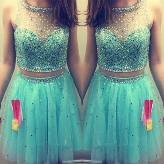 wedding photo - Luxurious Knee Length A-Line Scoop Two Piece Mint Homecoming/Party Dress With Beaded