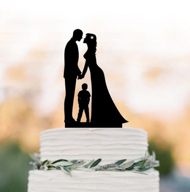 wedding photo - Bride and groom wedding cake topper with boy, birthday cake topper, unique cake topper, funny wedding cake topper topper with child