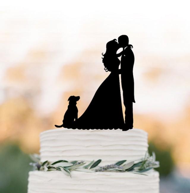 wedding photo - Bride and groom wedding cake topper with dog, birthday cake topper, anniversary gift, funny wedding cake topper, family