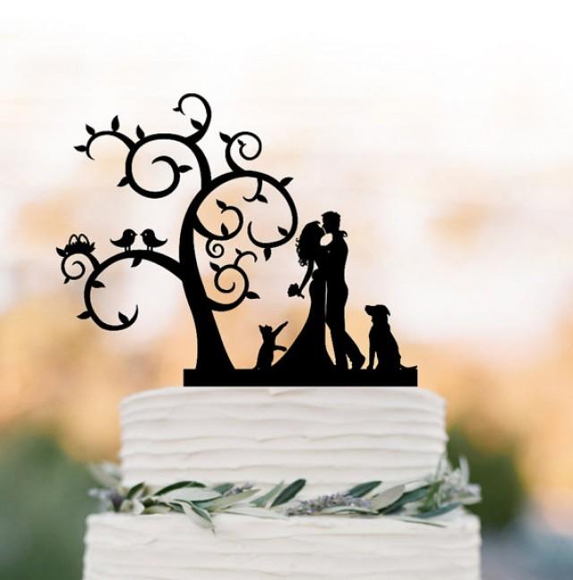 wedding photo - Bride and groom Wedding Cake topper dog and cat, Tree wedding cake topper with birds, silhouette cake topper with cat , rustic cake topper