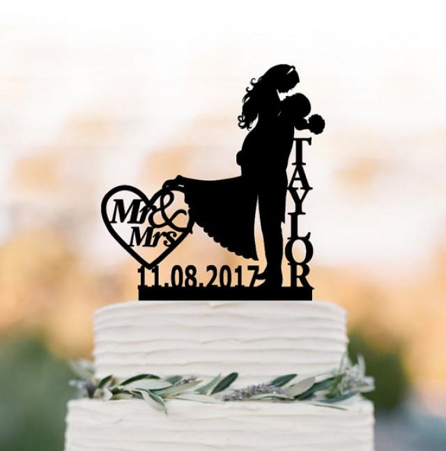 wedding photo - Bride and groom Wedding Cake topper mr and mrs, silhouette wedding cake topper custom name, personalized cake topper with date