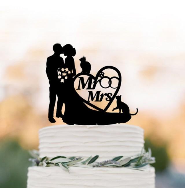 wedding photo - Bride and groom Wedding Cake topper mr and mrs, wedding cake topper with heart and wedding ring, silhouette, topper with cat, two cat