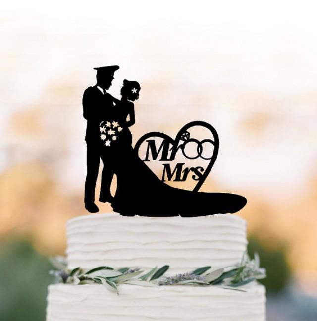 wedding photo - policeman Wedding Cake topper with mr and mrs, bride and groom silhouette wedding cake topper with heart and wedding ring,